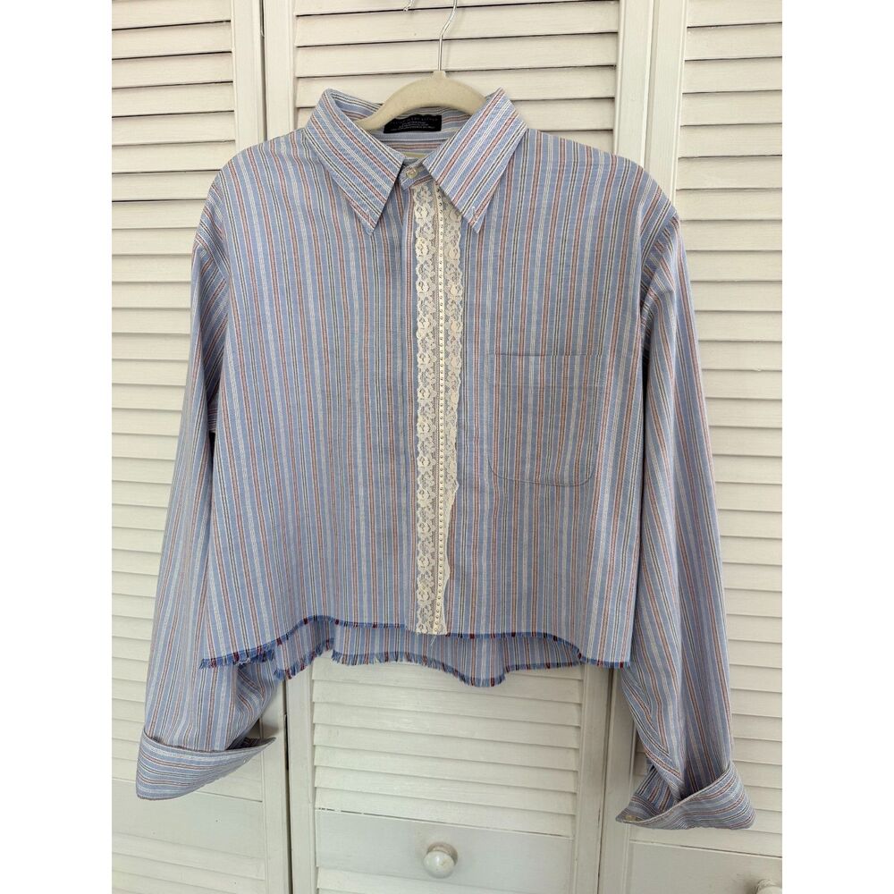 Upcycled Striped Cropped Button Down Shirt Lace Raw Hem Artist Made
